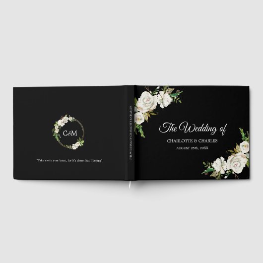 Wit Zwart Bloemen Bruiloft Gastenboek (Volledig)