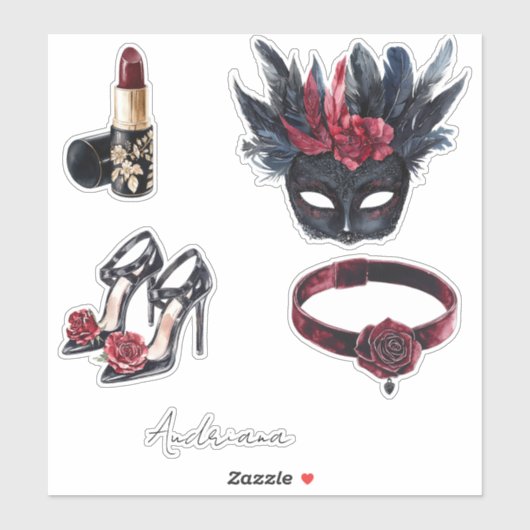 Wit Zwart Bourgondië Rode Veren Masker Sticker (Vel)