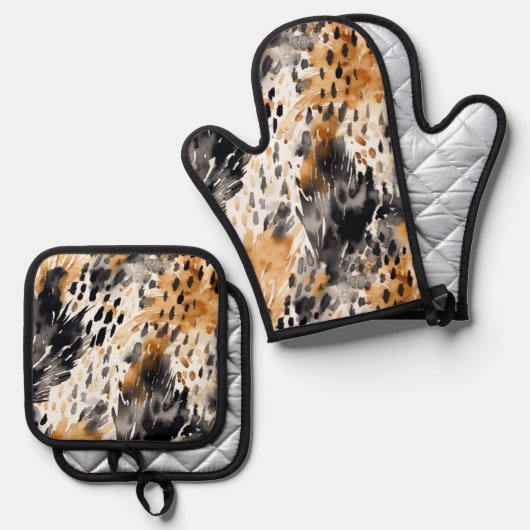 Wit Zwart Crème Luipaard Dier   Ovenwant & Pannenlap Set (Voorkant / Achterkant)