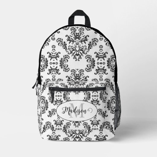 Wit Zwart damast patroon Custom Monogram Bedrukte Rugzak (Voorkant)