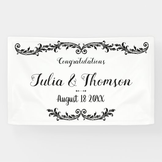 Wit Zwart Elegant Chic Damask Swirl Event Spandoek (Horizontaal)