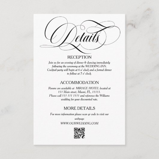 Wit & Zwart Elegant Script Trouwdetails Informatiekaartje (Voorkant)