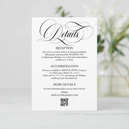 Wit & Zwart Elegant Script Trouwdetails Informatiekaartje (Staand voorkant)