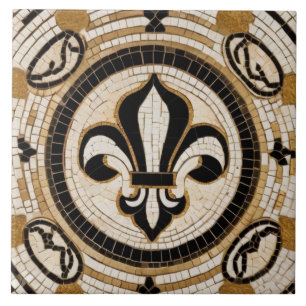 Wit Zwart en Goud Fleur de Lis Faux Mosaic Tegeltje