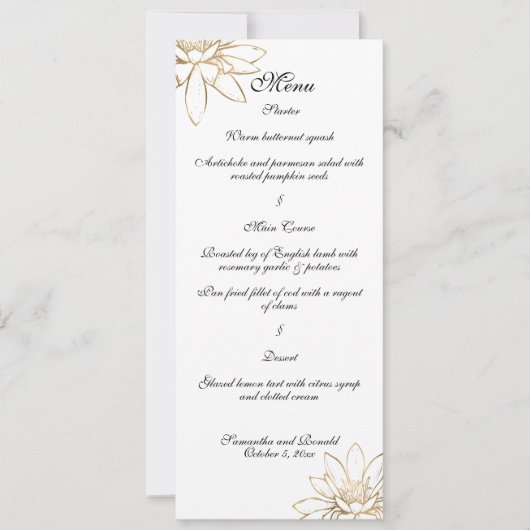 Wit, zwart en gouden trouwdiner menu kaart (Voorkant)