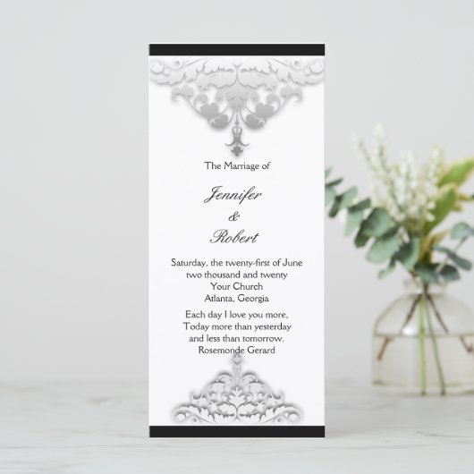 Wit Zwart en Zilver Damask Trouwprogramma Programma (Staand voorkant)