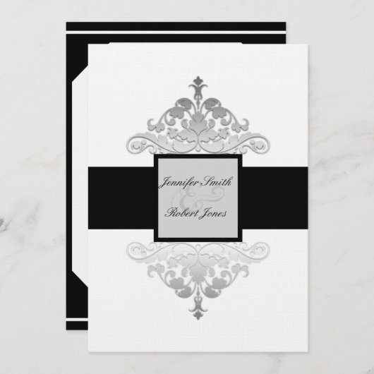 Wit Zwart en Zilver Damast bruiloft uitnodiging (Voorkant / Achterkant)