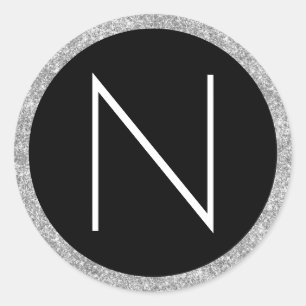 Wit Zwart en Zilver Glitter Monogram Ronde Sticker