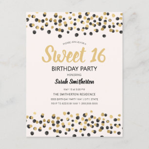 Wit Zwart Goud Confetti Glitter Sweet 16 Kaart