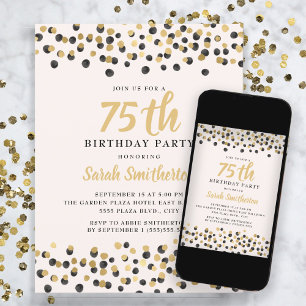 Wit Zwart Goud Confetti Glitters 75ste Verjaardag Kaart