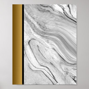 Wit Zwart Grijs Marmer / Zwart Goud Border Art Poster