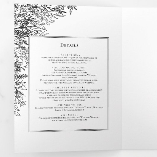 Wit Zwart Groen Bruiloft Tri-Fold Uitnodiging (Binnenzijde eerst)
