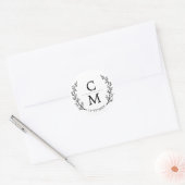 Wit Zwart Laurel takken Monogram bruiloft Ronde Sticker (Envelop)