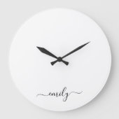 Wit Zwart Modern Script Monogram Naam Grote Klok (Voorkant)