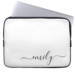 Wit Zwart Modern Script Monogram Naam Laptop Sleeve