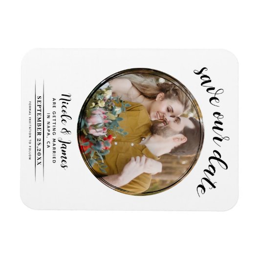 Wit & Zwart Moderne Ronde Foto Sla de Datum op Magneet (Horizontaal)