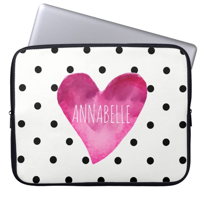 WIT + Zwart polka stippen Waterverf Hart Monogram Laptop Sleeve (Voorkant)