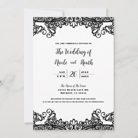 Wit & Zwarte Kant Elegante Chic Bruiloft Kaart (Voorkant)