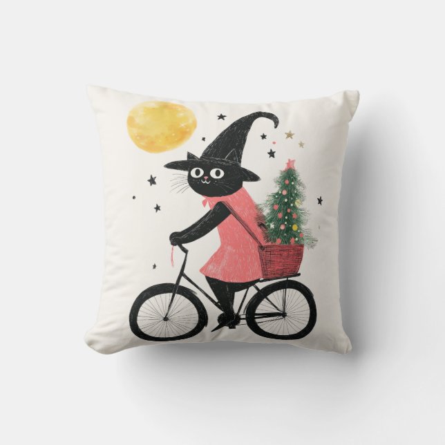 Witch Black Cat Cycling Quirky & Spooky Kerstmis Kussen (Voorkant)