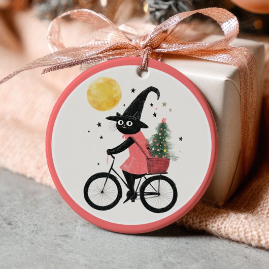 Witch Black Cat Cycling Xmas Tree Witchy Christmas Keramisch Ornament