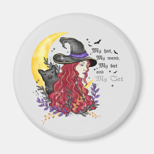 Witch, Black Cat en Crescent Moon Magneet