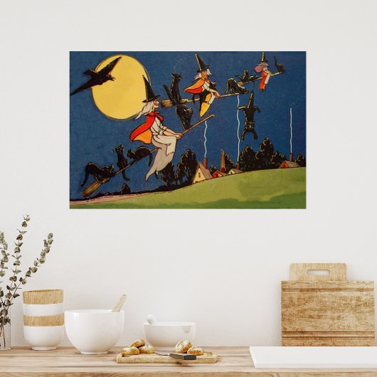Witch Black Cat Flying Moon Crow Poster (Keuken)