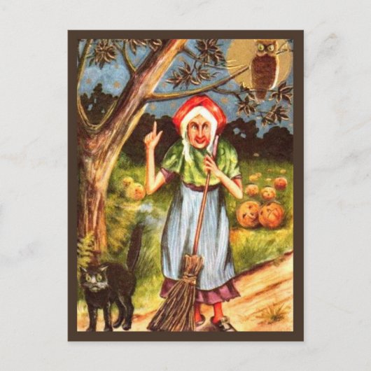 Witch, Black Cat & Owl -  Halloween Briefkaart (Voorkant)