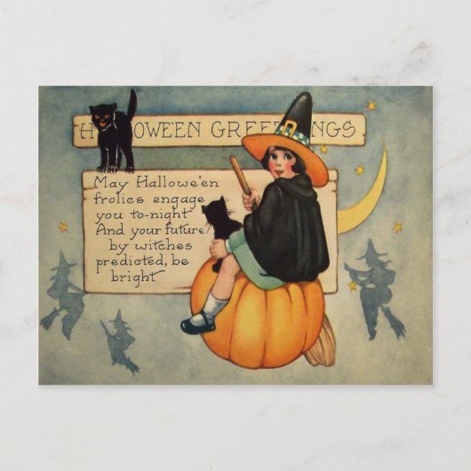 Witch Black Cat Pumpkin Crescent Moon Briefkaart (Voorkant)