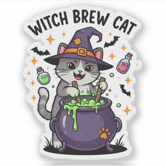 Witch Brew Cat - Magische ketel Halloween Sticker (Voorkant)
