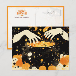 Witch Brewing Magic in Halloween Cauldron Feestdagenkaart