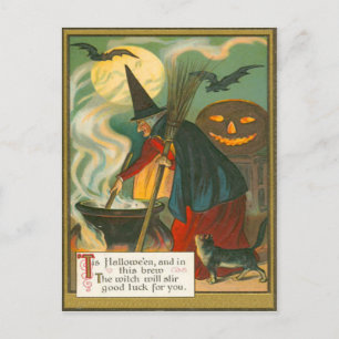 Witch Broom Cauldron Jack O Lantern Bat Cat Briefkaart
