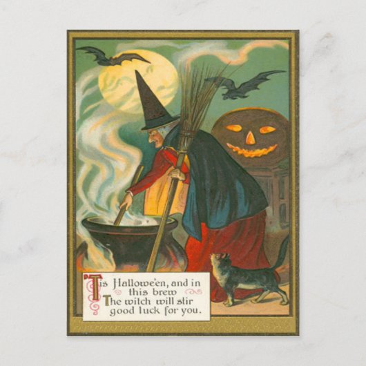 Witch Broom Cauldron Jack O Lantern Bat Cat Briefkaart (Voorkant)