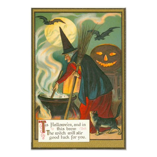 Witch Broom Cauldron Jack O Lantern Bat Cat Foto Afdruk (Voorkant)