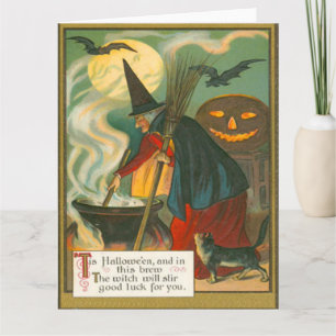 Witch Broom Cauldron Jack O Lantern Bat Cat Kaart