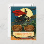 Witch Broom Flying Jack O Lantern Black Cat Bat Briefkaart (Voorkant / Achterkant)