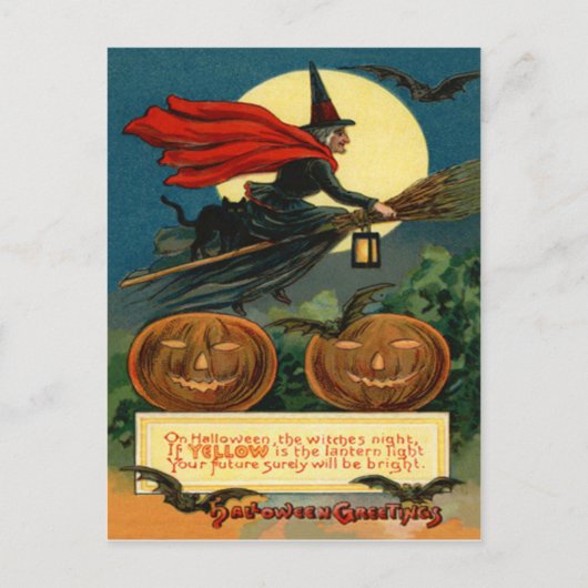Witch Broom Flying Jack O Lantern Black Cat Bat Briefkaart (Voorkant)
