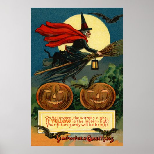 Witch Broom Flying Jack O Lantern Black Cat Bat Poster (Voorkant)
