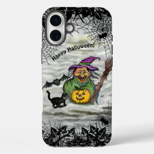 Witch, Cat, Bat en Pumpkin, Happy Halloween! iPhone 16 Plus Hoesje