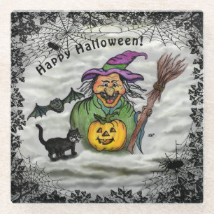 Witch, Cat, Bat en Pumpkin, Happy Halloween! Glazen Onderzetter