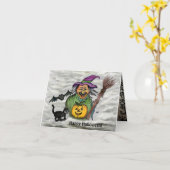 Witch, Cat, Bat en Pumpkin, Happy Halloween! Kaart (Gele Bloem)