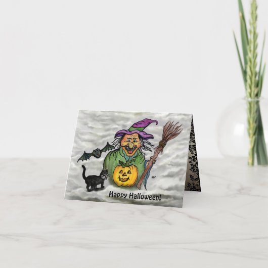 Witch, Cat, Bat en Pumpkin, Happy Halloween! Kaart (Voorkant)