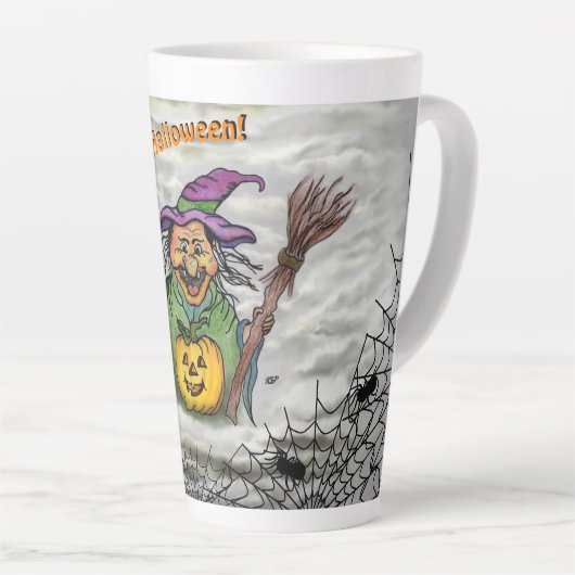 Witch, Cat, Bat en Pumpkin, Happy Halloween! Latte Mok (Rechterhoek)