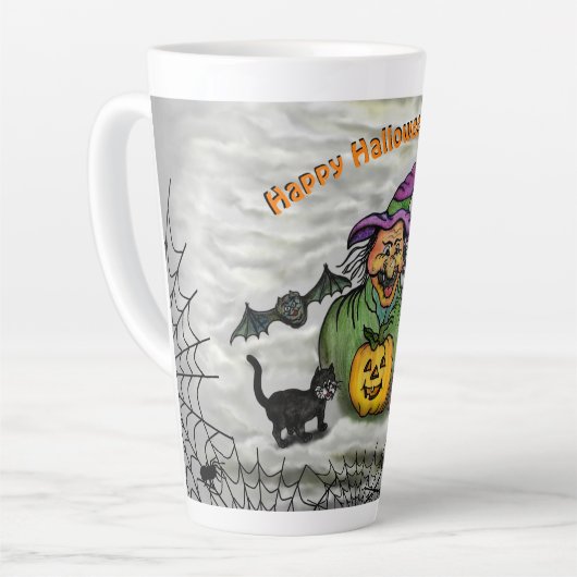 Witch, Cat, Bat en Pumpkin, Happy Halloween! Latte Mok (Linkerhoek)