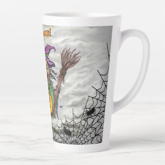 Witch, Cat, Bat en Pumpkin, Happy Halloween! Latte Mok (Rechts)