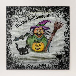 Witch, Cat, Bat en Pumpkin, Happy Halloween! Legpuzzel