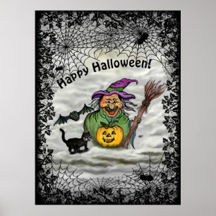 Witch, Cat, Bat en Pumpkin, Happy Halloween! Poster