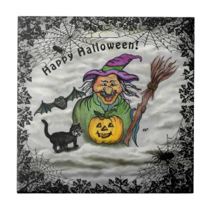 Witch, Cat, Bat en Pumpkin, Happy Halloween! Tegeltje