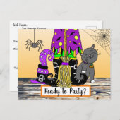 Witch, Cat en Spiderweb Cute Halloween Invitation Briefkaart (Voorkant / Achterkant)
