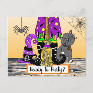 Witch, Cat en Spiderweb Cute Halloween Invitation Briefkaart