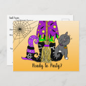 Witch, Cat en Spiderweb Cute Halloween Invitation Briefkaart (Voorkant / Achterkant)